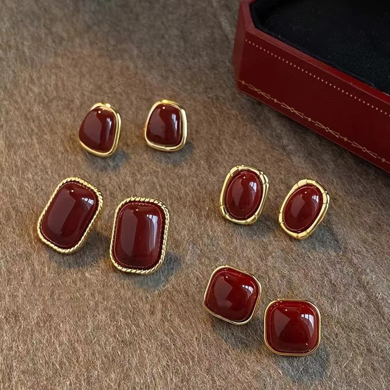 Opal Earrings Dangle - Vintage Enamel Wine Red Stud Earrings