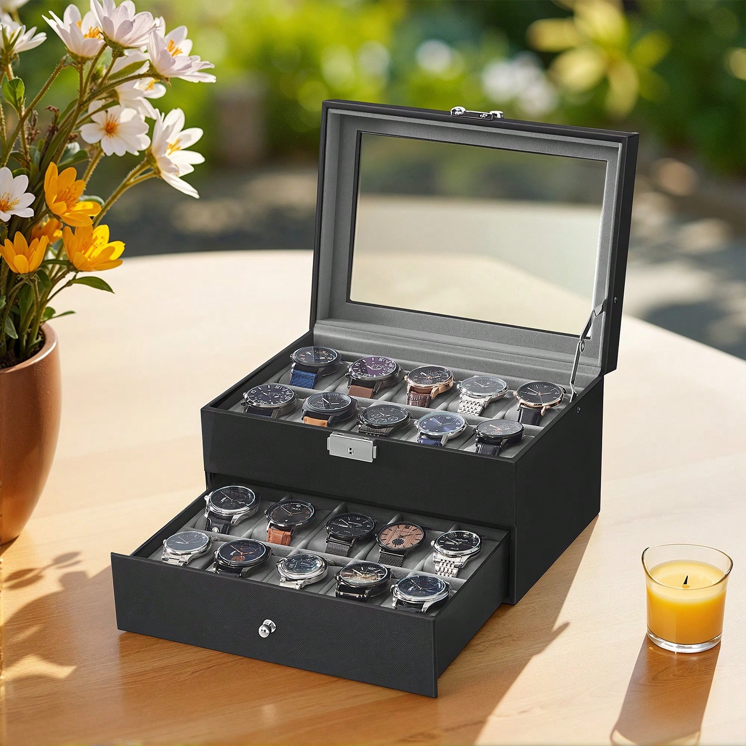 20-Slot Watch Box with Glass L - Jewelry Watches For Men ulasan dan harga