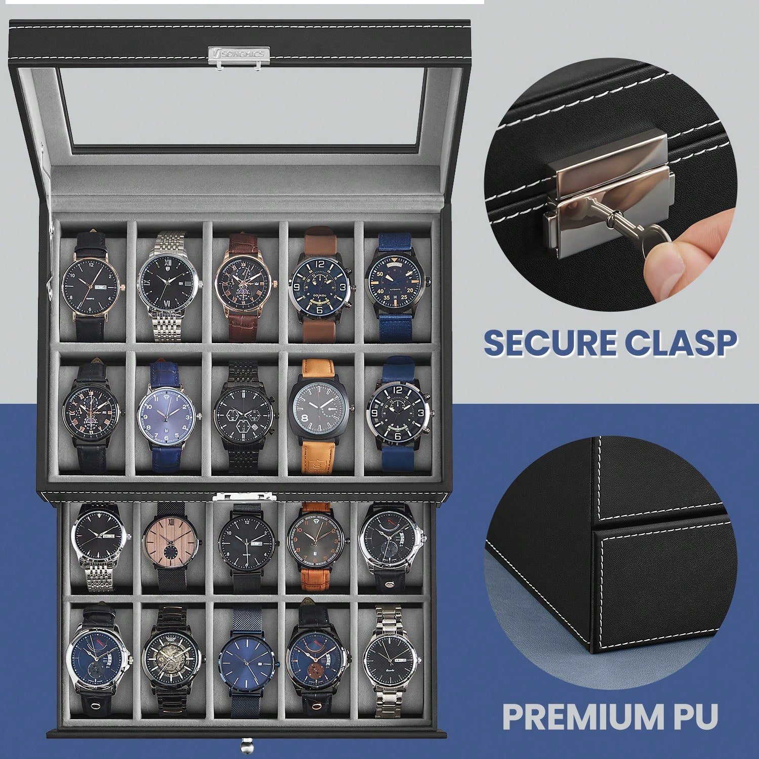 20-Slot Watch Box with Glass L - Jewelry Watches For Men ulasan dan harga